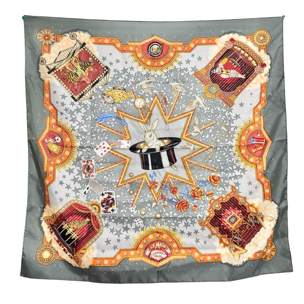 Hermés Scarf Carre La Magie Gray Multicolor 100% Silk Signed Claudia Size 90cm - Picture 1 of 11